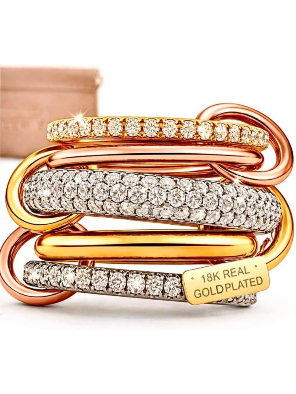 18K Gold Plated Stackable Rings Set for Women, Non-Tarnish CZ Chunky